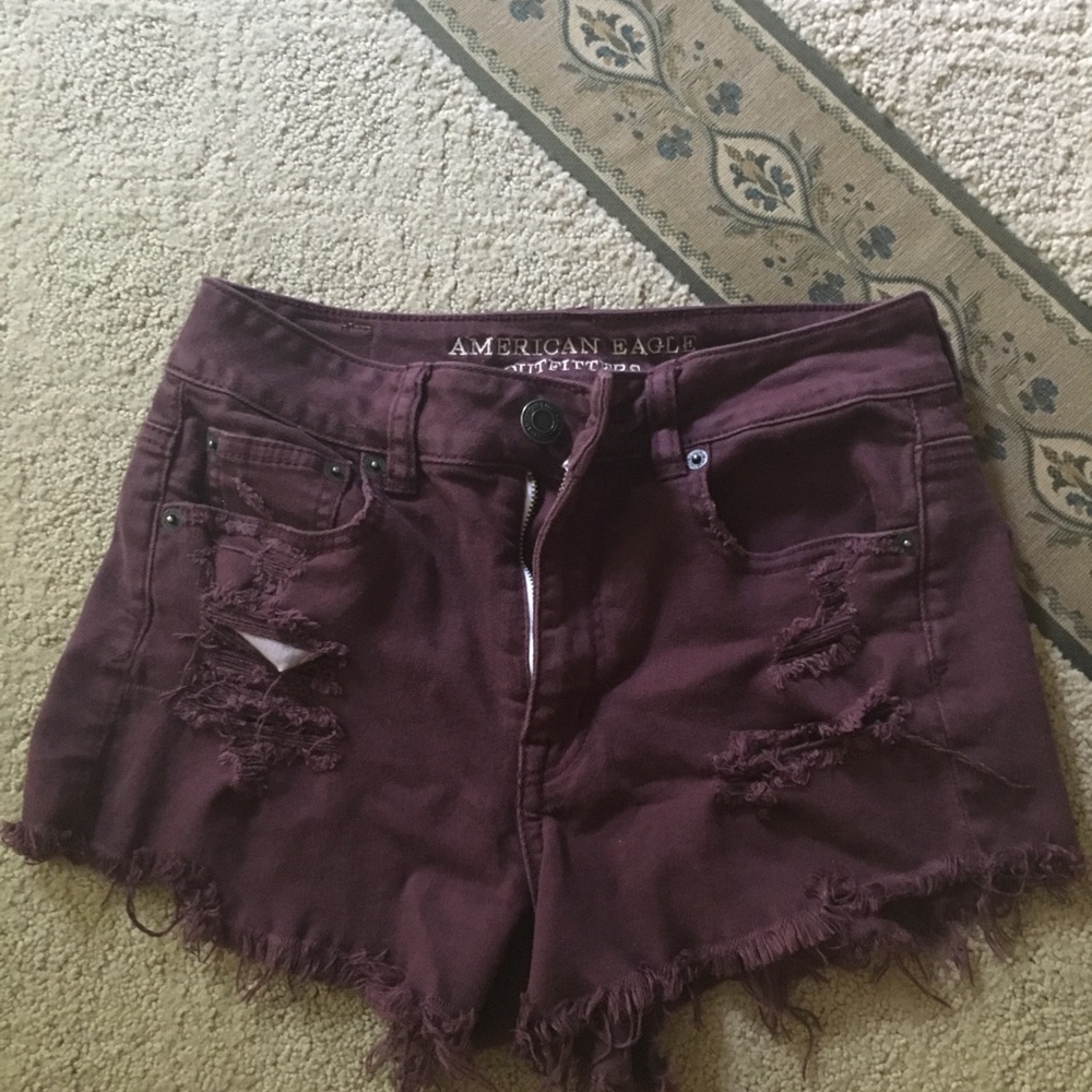 High waisted distressed burgundy shorts
